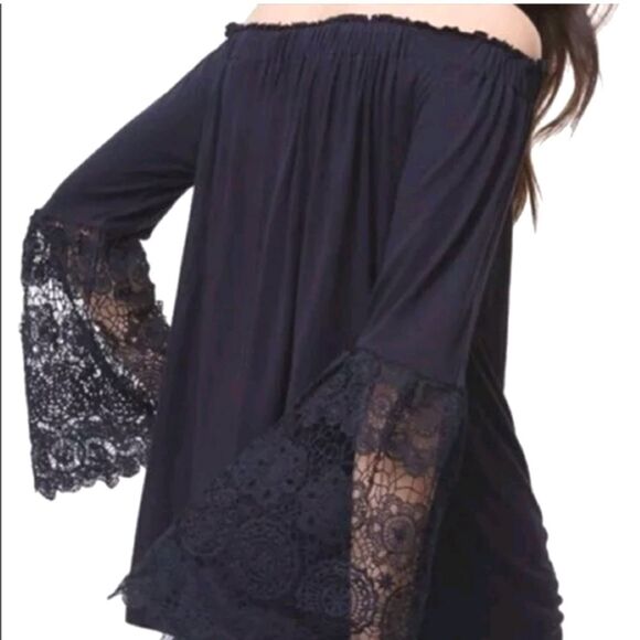 LOFT Navy Blue Lace Trimmed Bell Sleeve Off The Shoulder Blouse Size Medium - Picture 3 of 12